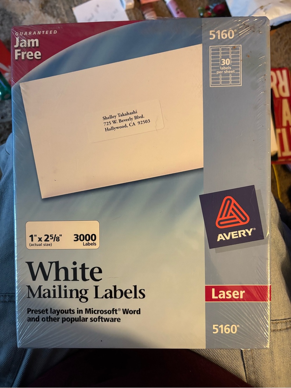 Avery White Mailing Labels 5160 - Blue Accent Laser Pack